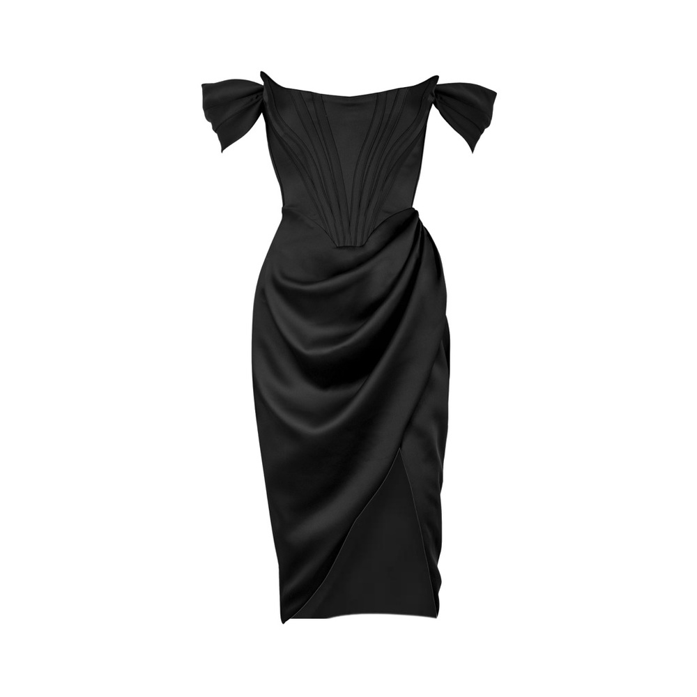 HOUSE OF CB 'Loretta' Black Satin Off Shoulder Dress